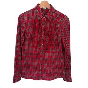 Pendleton Women Red Tartan Plaid Ruffle Front Button Up Long Sleeve Shirt XS